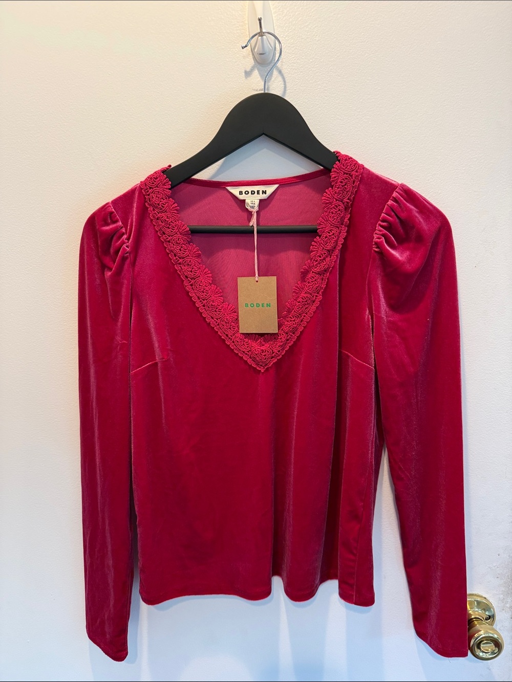 Boden Velvet V-Neck Long Sleeve Top in Raspberry Pink
